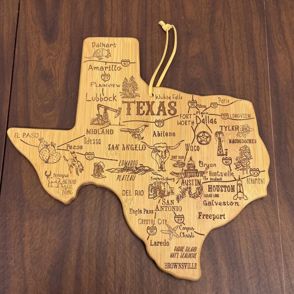 Totally Bamboo Texas State Cutting Board‎ Large Brown Map Serving Kitchen Decor